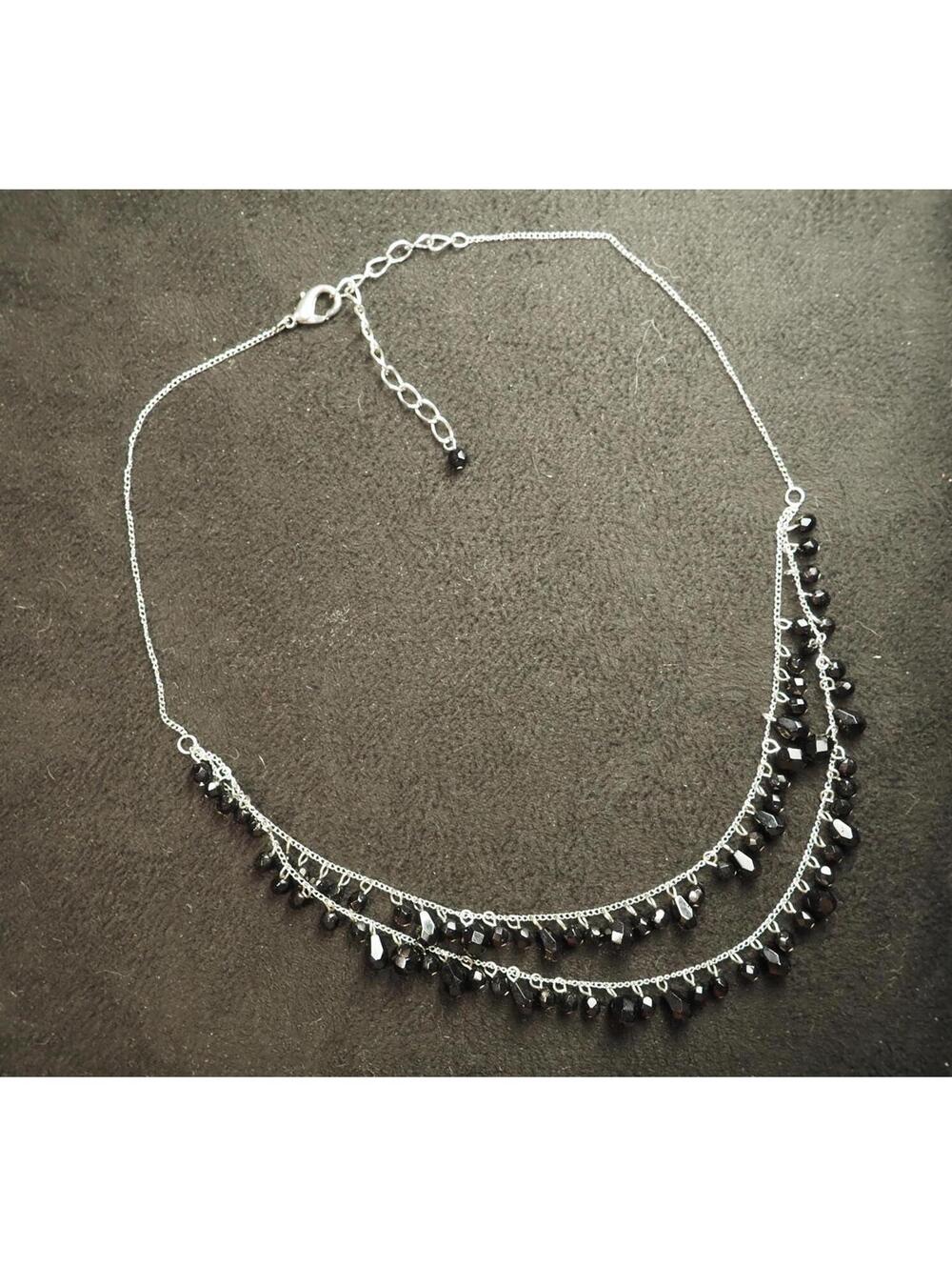 Vintage Double Strand Black Faceted Bead Dangle Necklace